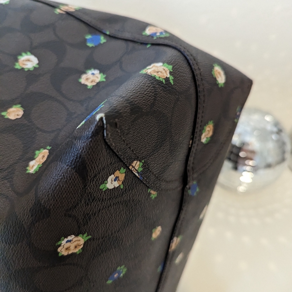 Coach Brown Floral Logo Tote with Blue and Cream Accents - Picture 4 of 16